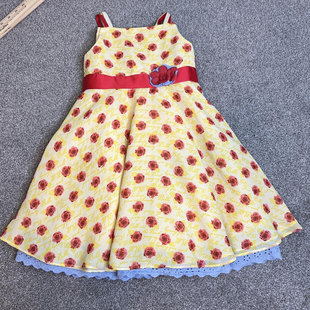 Disney Dress Girls 6 Belle Beauty and Beast Yellow Rose Print‎ Sash Lace Hem
